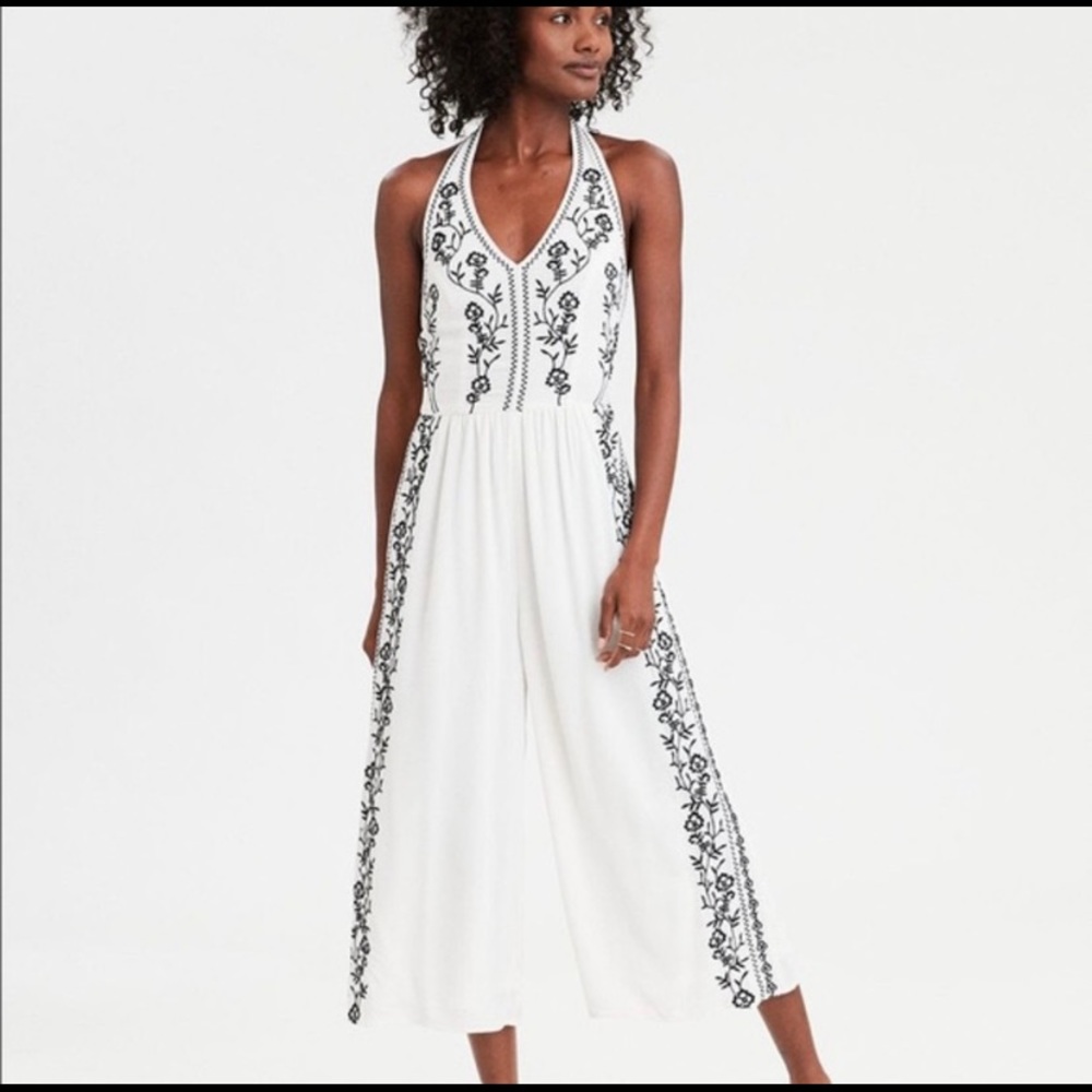 American Eagle White Embroidered Halter Jumpsuit
